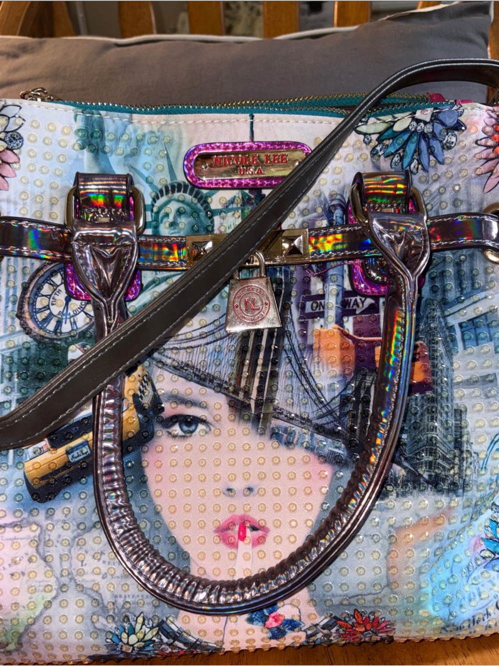 New Gorgeous Nicole Lee Multicolor Graphic Satchel with Holographic Accents